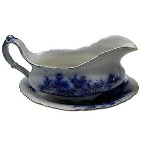 Antique Alfred Meakin Harvest Flow Blue Gravy Boat Porcelain w Underplate Relish